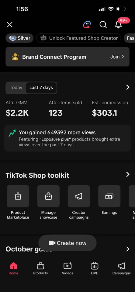 TikTok Shop dashboard — $2.2K GMV, 123 items, $303 commission in 7 days