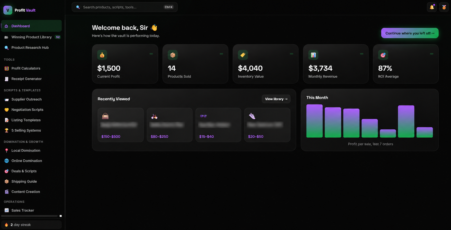 V's Profit Vault dashboard preview